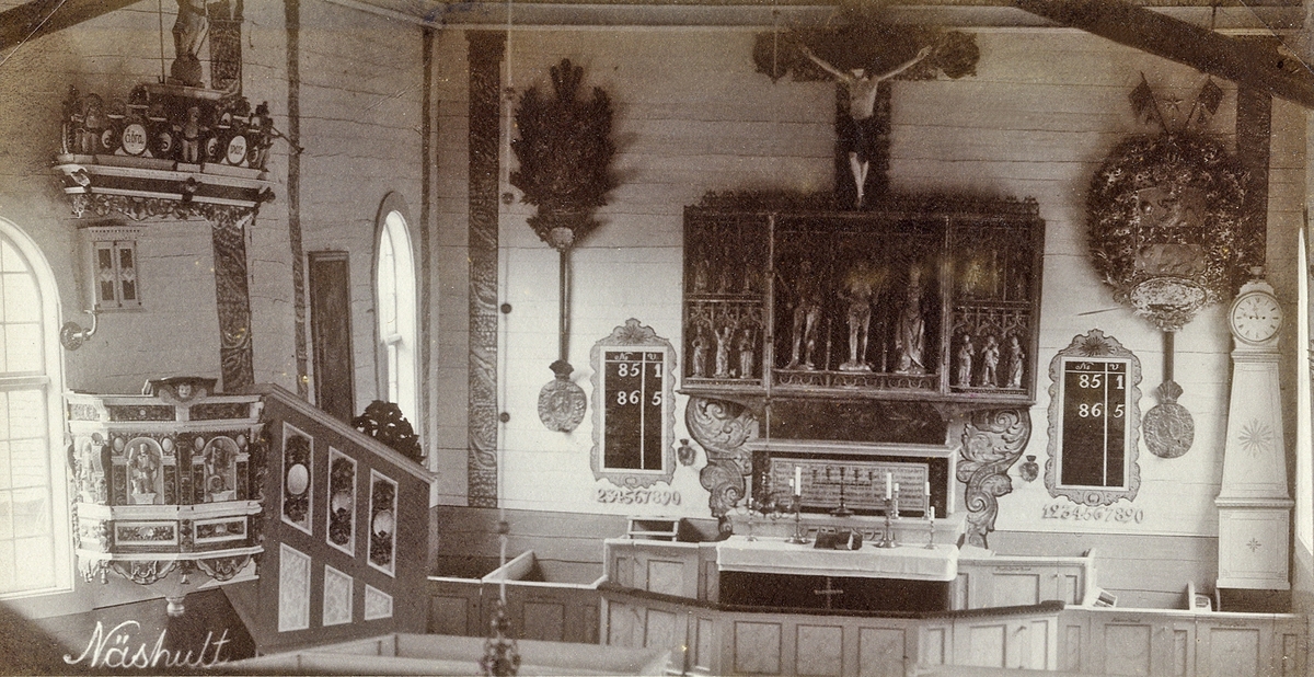 Interiör från Näshults kyrka, Vetlanda, ca 1900.