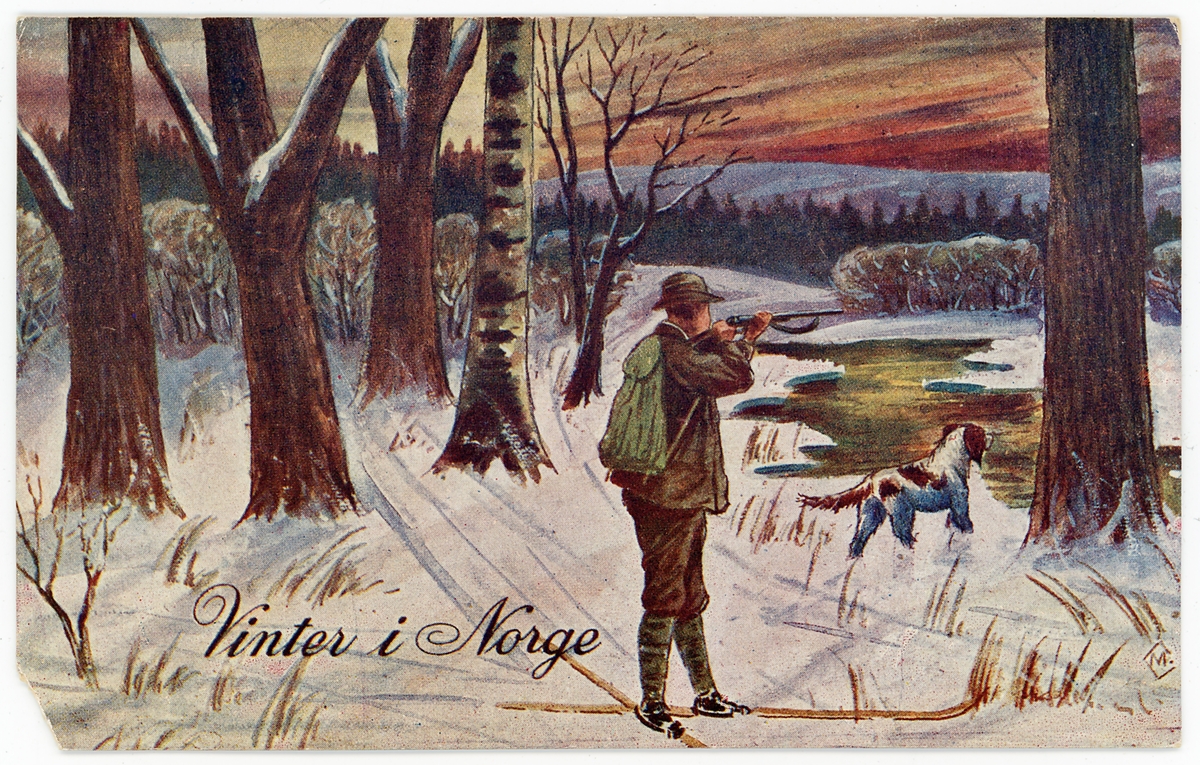Julekort. Postkort. I vestre hjørne står det "Vinter i Norge". Motivet viser en mann på ski sammen med en fuglehund på fuglejakt. I bakgrunnen er det en elv.