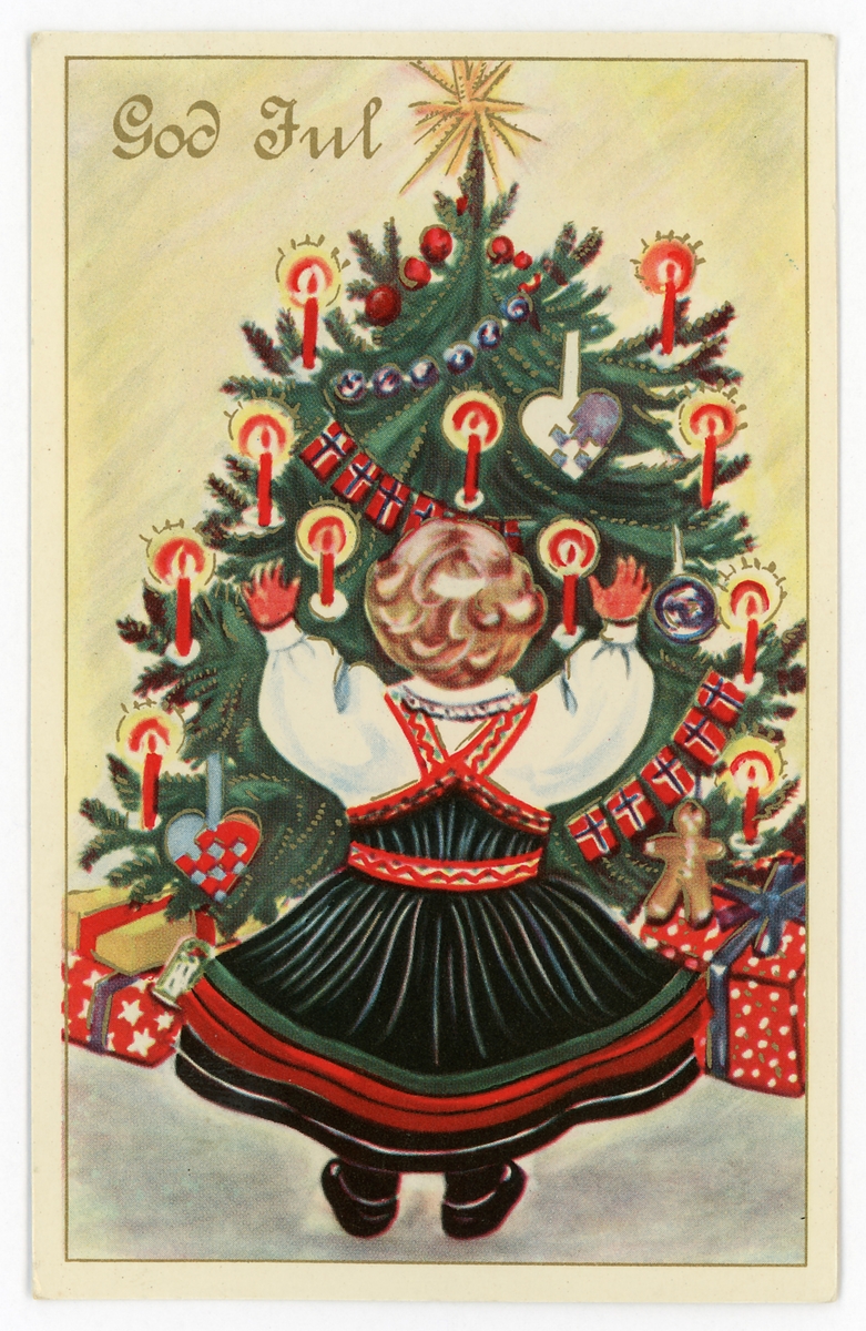 Julekort. Postkort. Jente i festdrakt eller bunad foran juletreet. Kortet er sendt julen 1960.