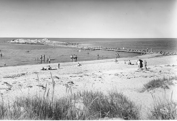Vykort, "Steninge Havsbad". Bild 1: kolorerat. Bild 2: Sv/v. Strandvy över Steninge havsbad sandstran och stenvägen ut till den lilla bergsknallen. Badande och solande.