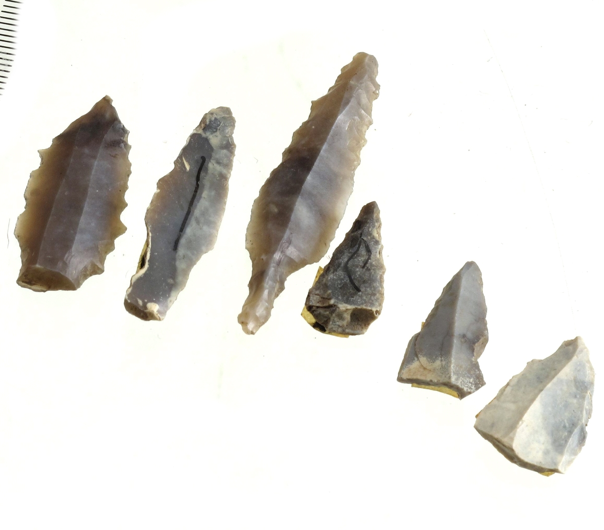 2 hele og 4 fragmentariske flekkepiler av grå flint med retusjerte tanger og odd, herav 1 fragment med sagtannet egg (sml. Rogalands Stenalder, fig. 176). 

Lengde 2-4,6 cm. 

(A. 1786, 2209, 2211).

