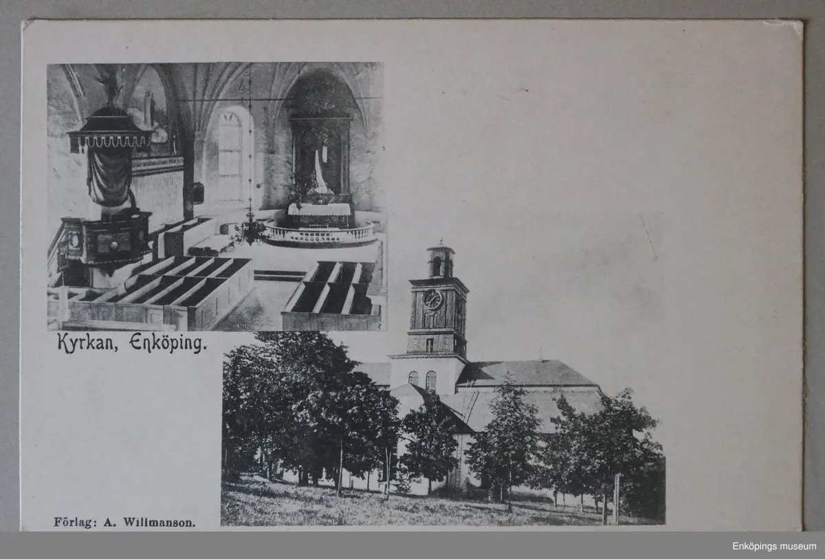Litet, rött vykortsalbum med guldtexten: "Minnen från Enköping". Albumet innehåller 6st. sidor med inklistrade vykort från Enköpings kommun. En av sidorna har lossnat och ligger nu löst i albumet.