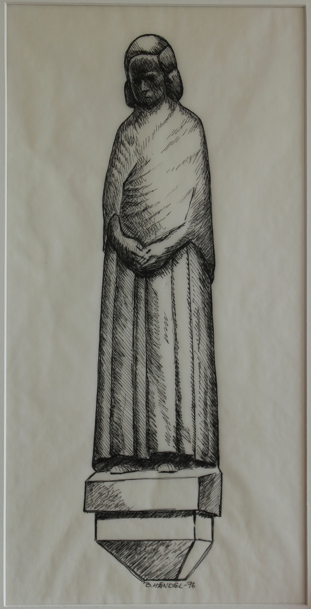 Stående helfigur i gips, original av förgylld brons i Kiruna kyrka. Ett ex. i gotlänsk kalksten utförd 1935 för Församlingshuset i Karlstad. Gåva dit av äldre karlstadsbo.
På grund av att prof. Kellin förmedlade beställningen av "Ödmjukhet" i kalksten till Församlingshuset, skänkte Christian Eriksson gipsmodellen till Helge Kjellin. Prof. Helge Kjellin deponeradet den till museet enligt prot. 10/1 1936.