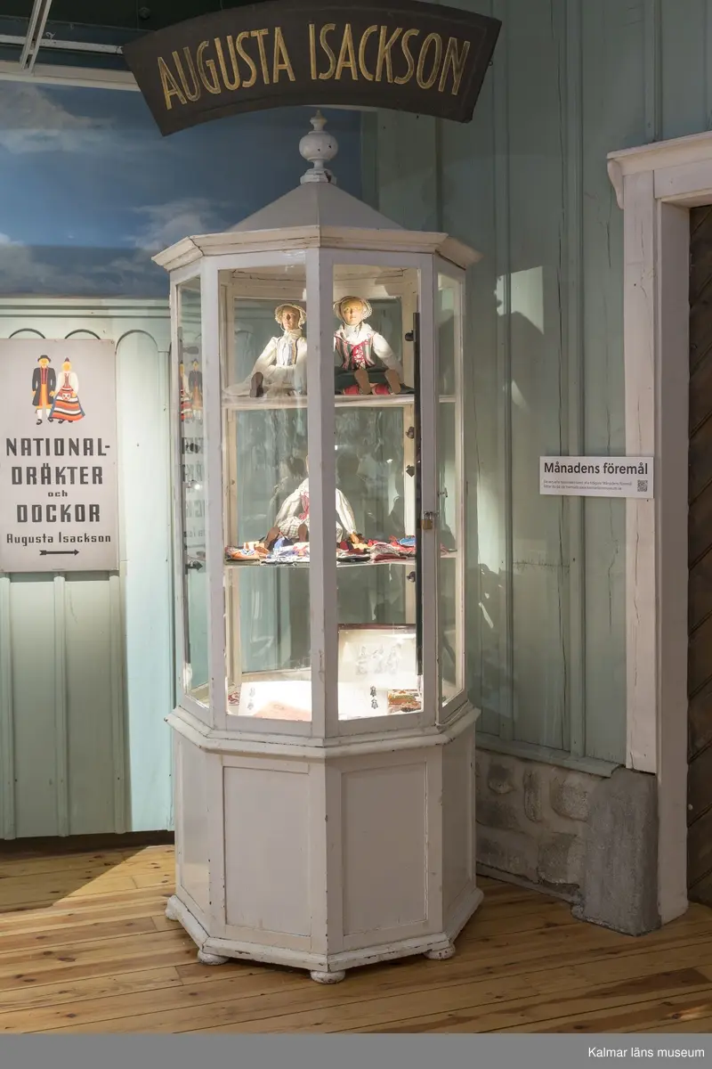 KLM 28082:491. Monter, trä, glas, metall. Åttakantig vitmålad golvmonter med täckt ihåligt underrede av trä med en dörr. Åtta glasrutor varara två med dörrar. Två nivåer med hyllplan, bestående av lösa trekantiga glashyllor på varje plan. Täckt överdel av trä med knopp.