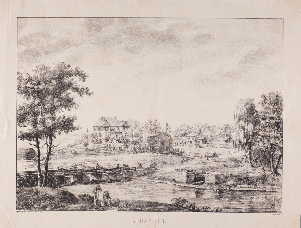 Landskap med Eidsvollsbygningen, folkeliv og bru