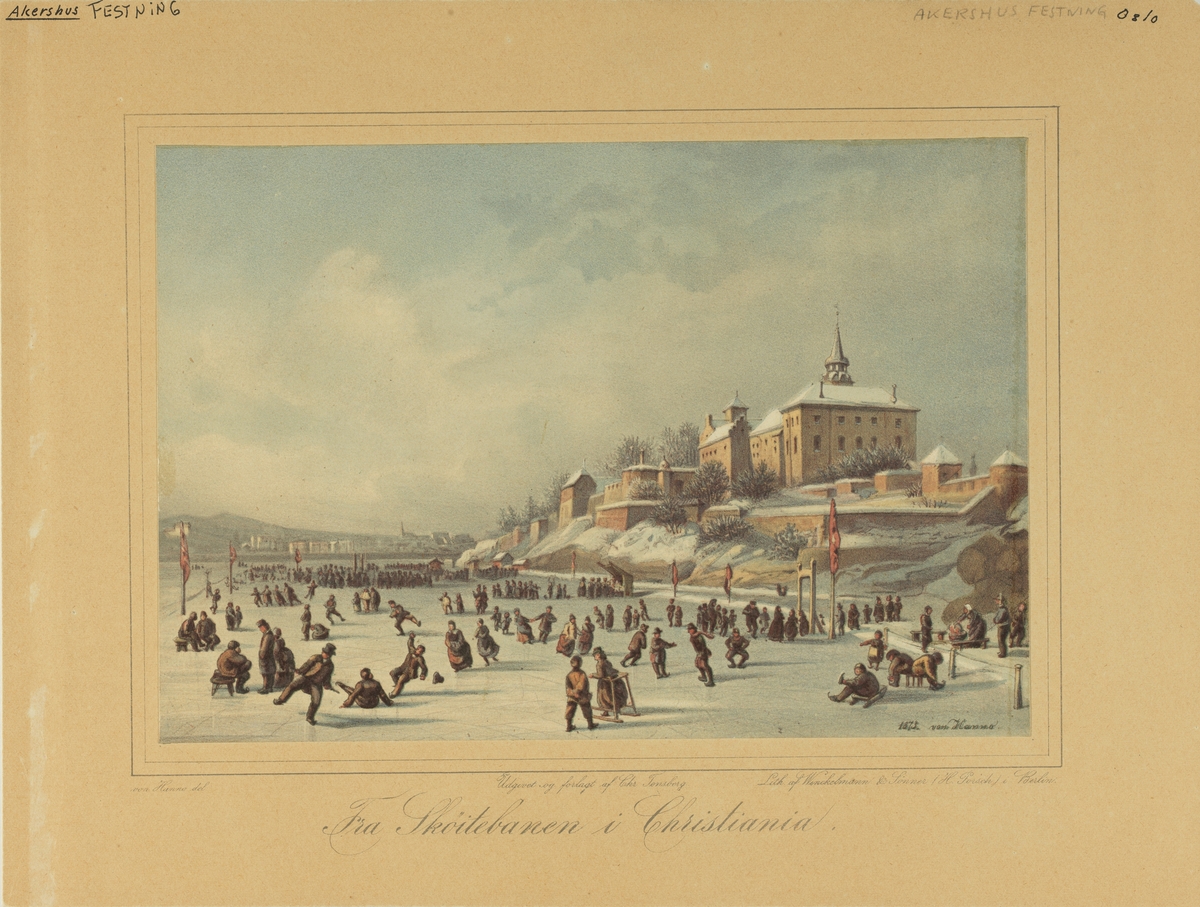 Litografi etter maleri av von Hanno. "Fra Sköitebanen i Christiania". Mennesker på skøyter under Akershus.
