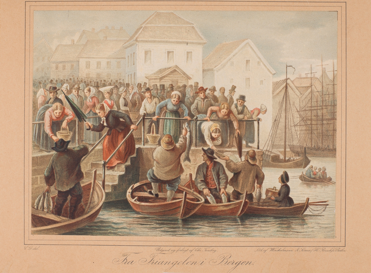 Litografi etter maleri av C. D. "Triangelen i Bergen". Fiskesalg ved brygga, båter, seilskuter og bebyggelse.