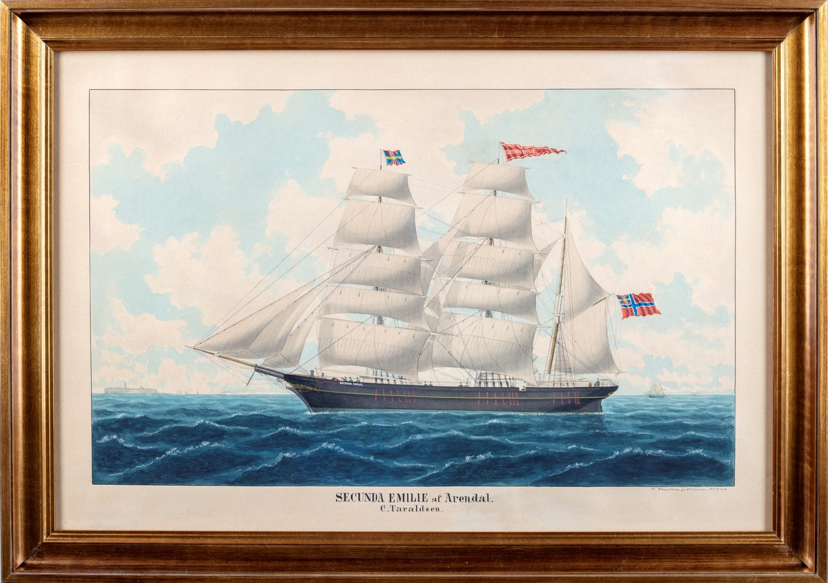 Seilskuten Secunda Emilie af Arendal for fulle seil.