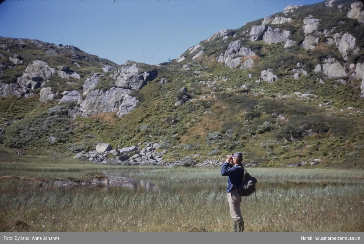 Bjørn Dyrland ser med kikkert ved myr i fjellet