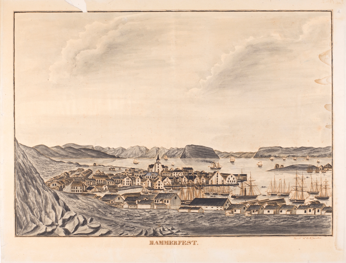 Kystlandskap med bybebyggelse, kirke og seilskuter