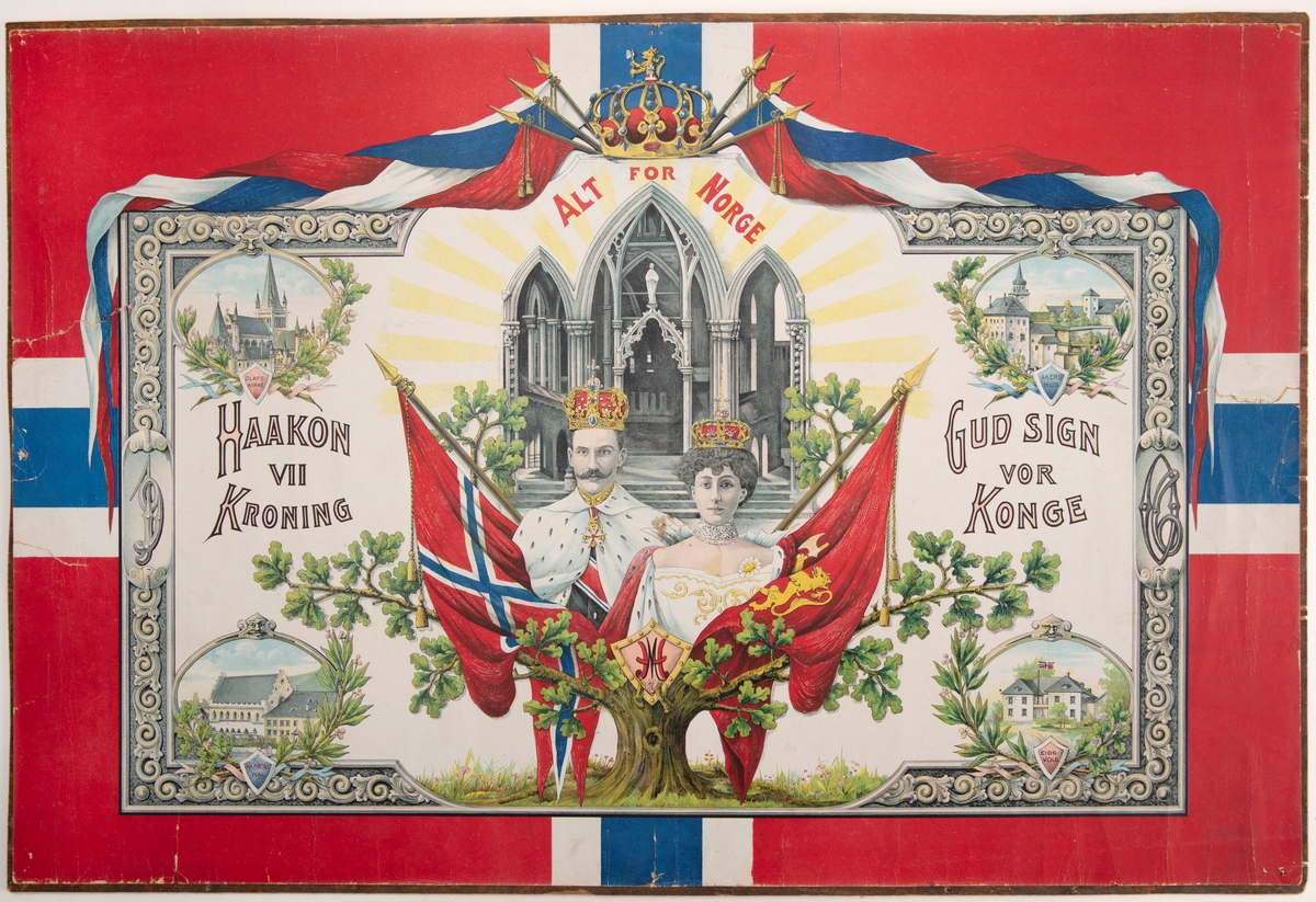 Montasje med portretter av dronning Maud, kong Haakon, norske flagg, Nidarosdomen, Akershus festning, Eidsvollsbygningen og Håkonshallen.