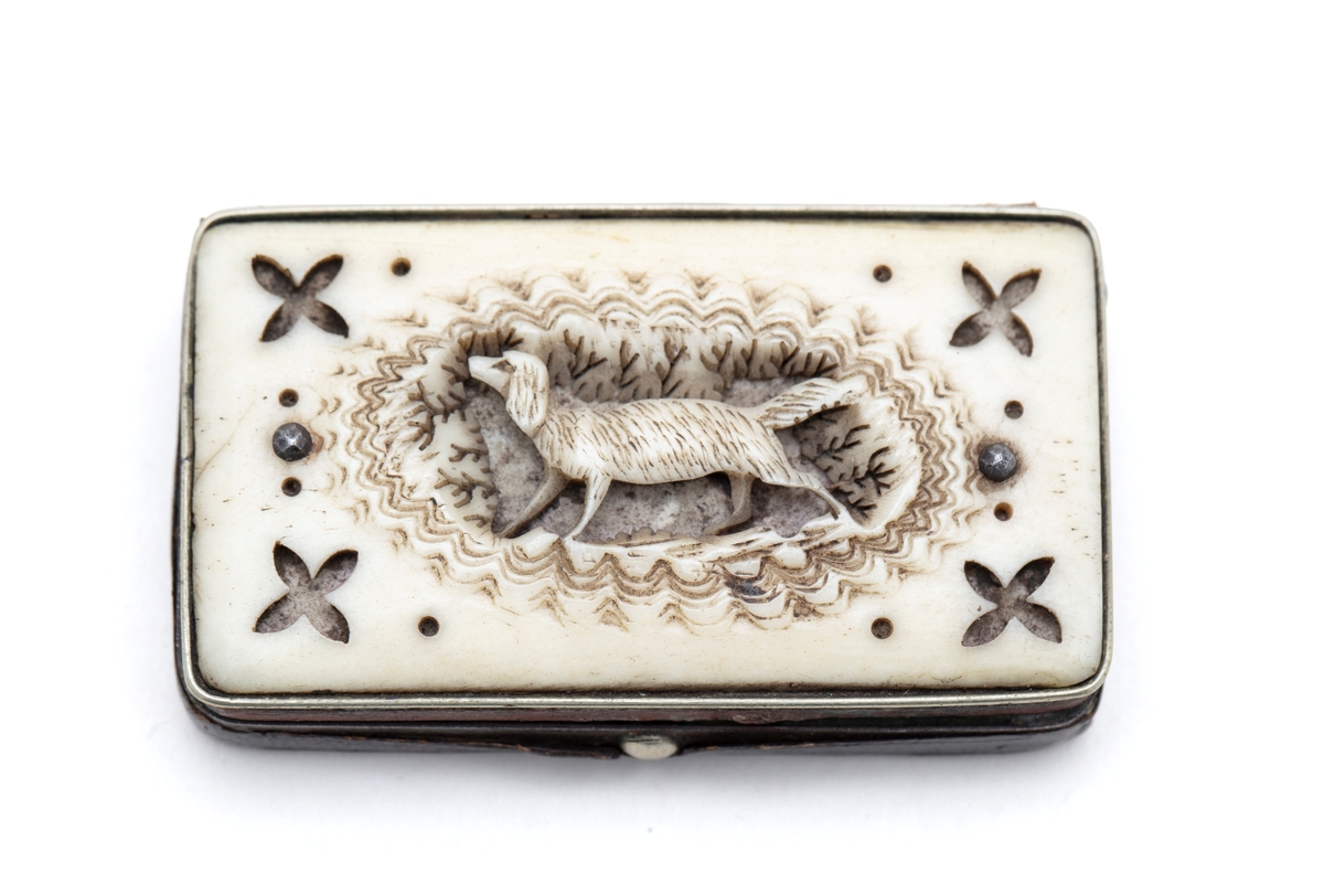 Snusdåse, stål trukket med skinn, lokk utskåret ben, hund i midten. Muligens 1840-årene fra Sørfondens samling.