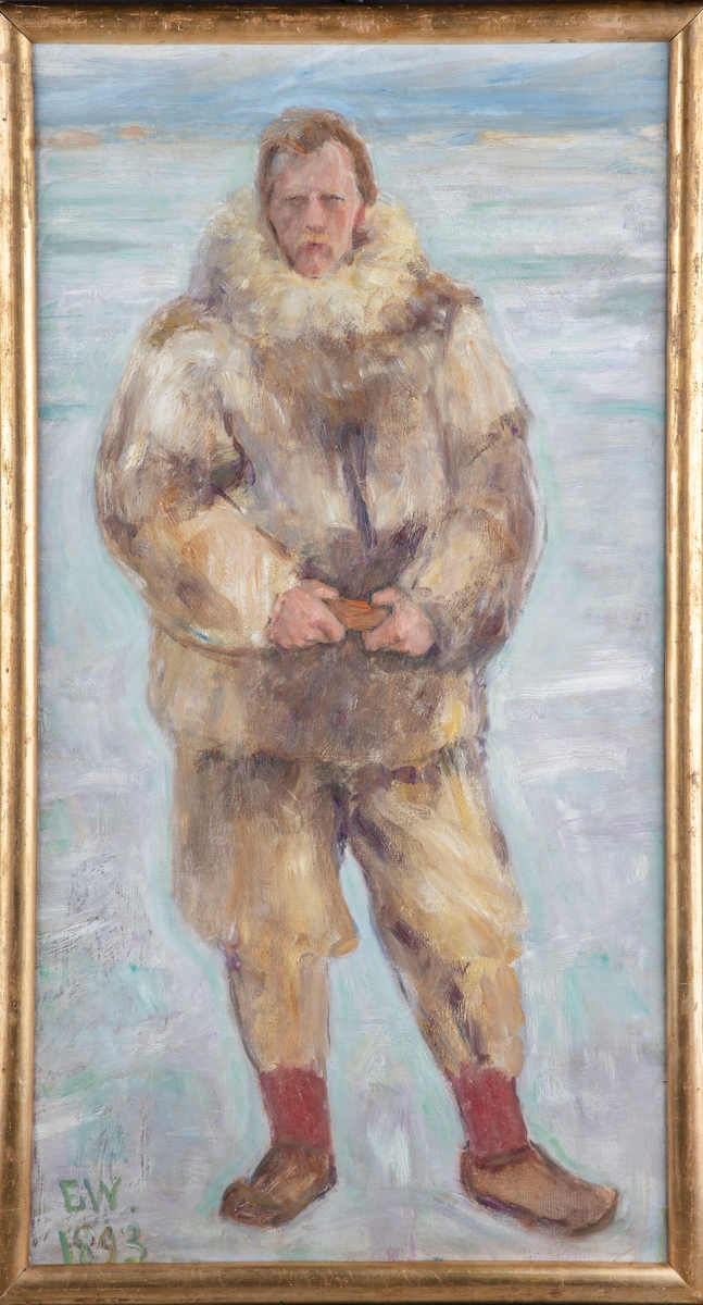 Portrett av Fridtjof Nansen i skinnhyre, helfigur.