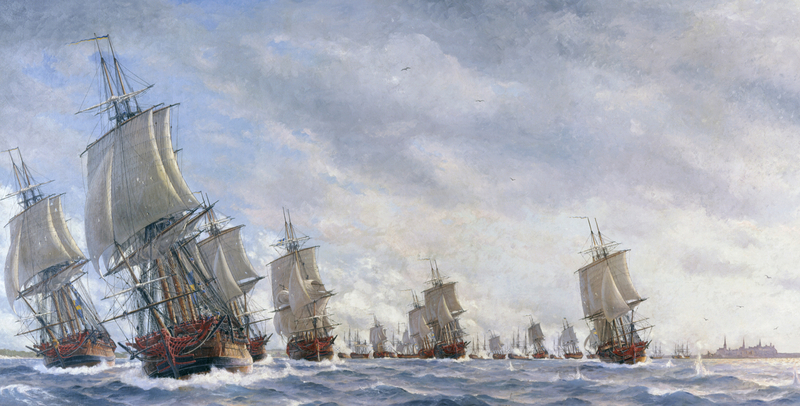 Svenska flottan, med linjeskeppet Dristigheten i täten, lämnar Reval (Tallinn) efter att ha anfallit en rysk eskader 13 maj 1790. Målning av Jacob Hägg.
