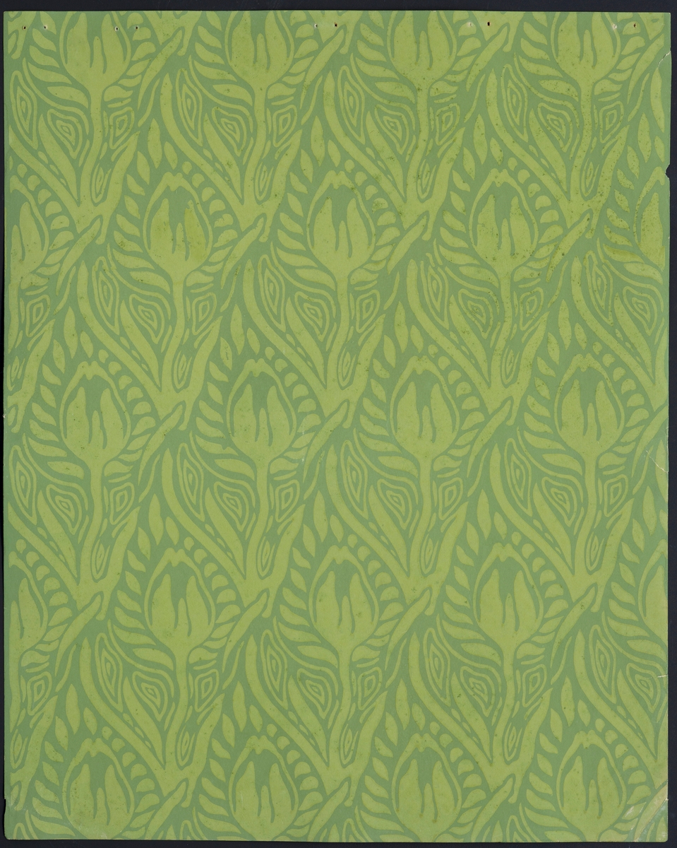 Tapetprøve med stilisert tulipanmønster.
