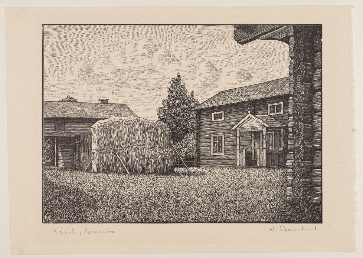 Kulturhistoriskt bildverk, "Dalarna", med 100 originalträsnitt av Waldemar Bernhard. Träsnitten har passepartout och ligger samlade i en hård ytterkartong i form av en bok, med läderrygg, utsida klädd med linnetyg samt ådringsmålning.