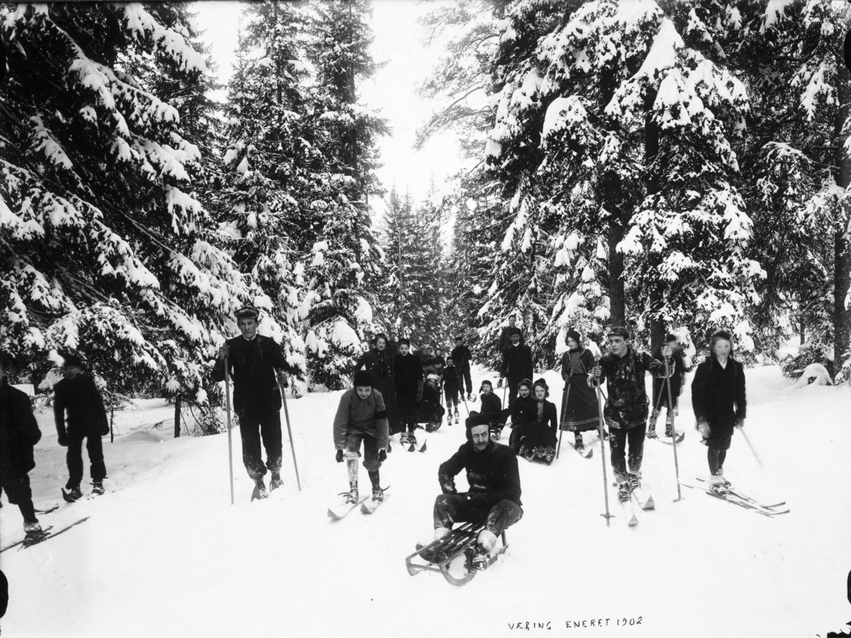 Mange folk på ski og kjelker i skogen.