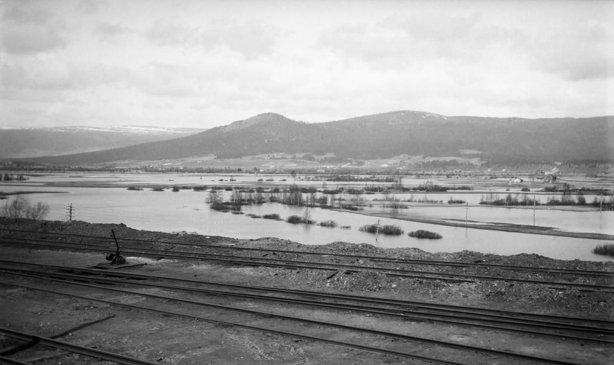 Vårbilde som viser flommen ved Tynset i 1920.  Fotografen har stått på den nedre delen av stasjonsområdet og tatt bildet vestover.  I forgrunnen ser vi jernbanesporene.  I mellomgrunnen ser vi et våtmarksområde som sommerstid besto av slåttenger med en del vannfylte elveloner og tjern.  Da dette fotografiet ble tatt var det meste oversvømt.  På motstående side av elva skimter vi jordvegen på noen av gardene langs vassdraget med Fåsteinen og Bondåsen i bakgrunnen. 