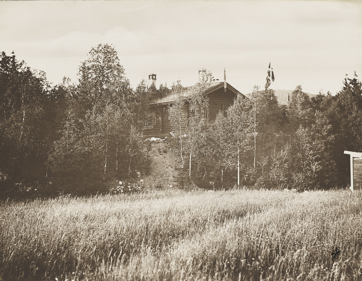 Landskapsbilde med skog, et jorde i forgrunnen. I midten av bildet sees en bygning, med det norske flagget heist opp.