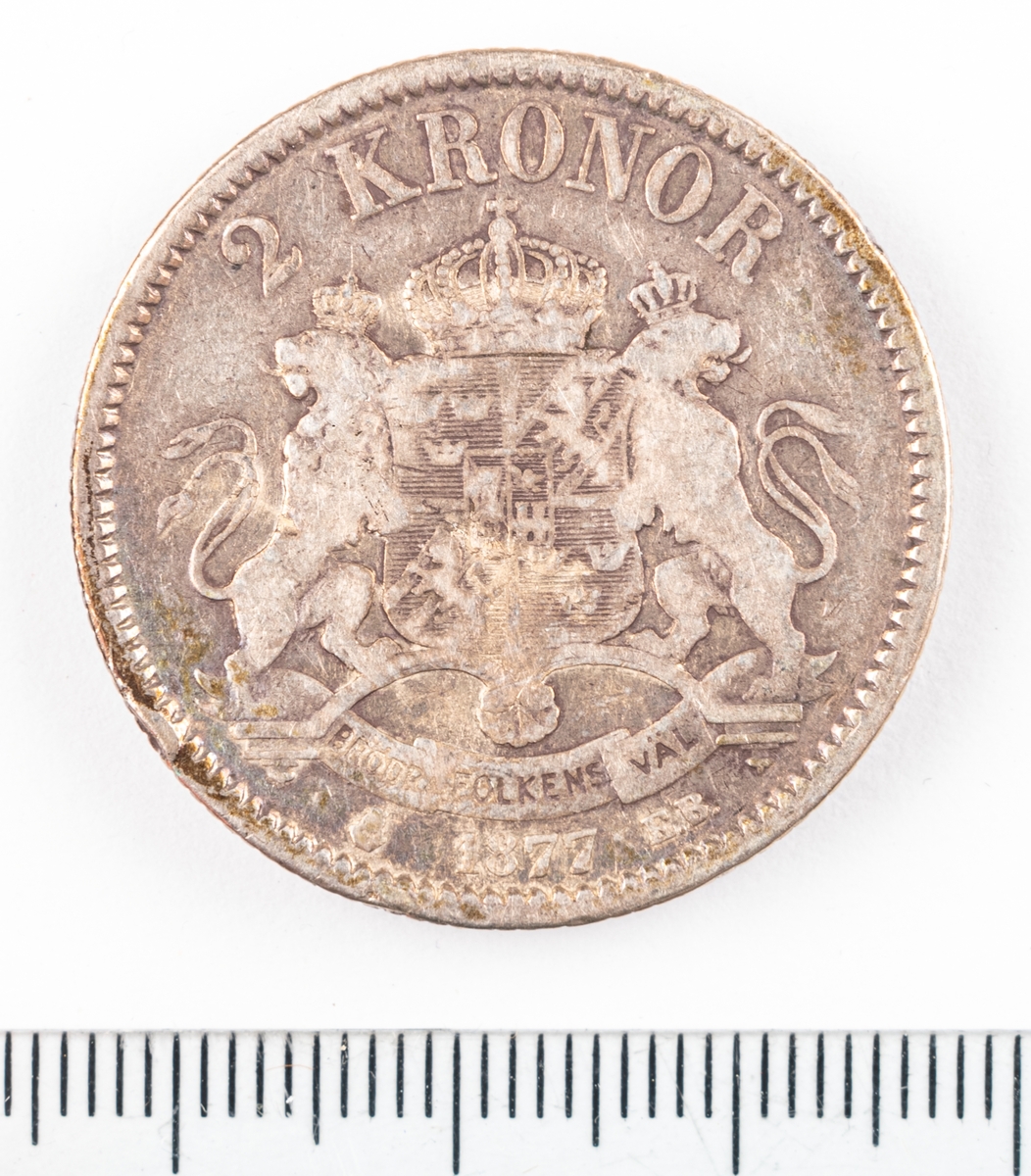 Mynt, Sverige, 2 kronor, 1877,