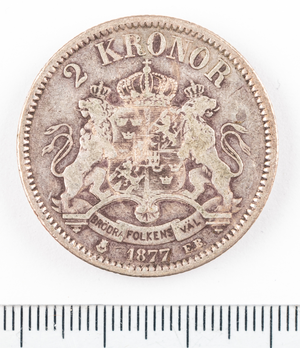 Mynt, Sverige, 2 kronor, 1877.