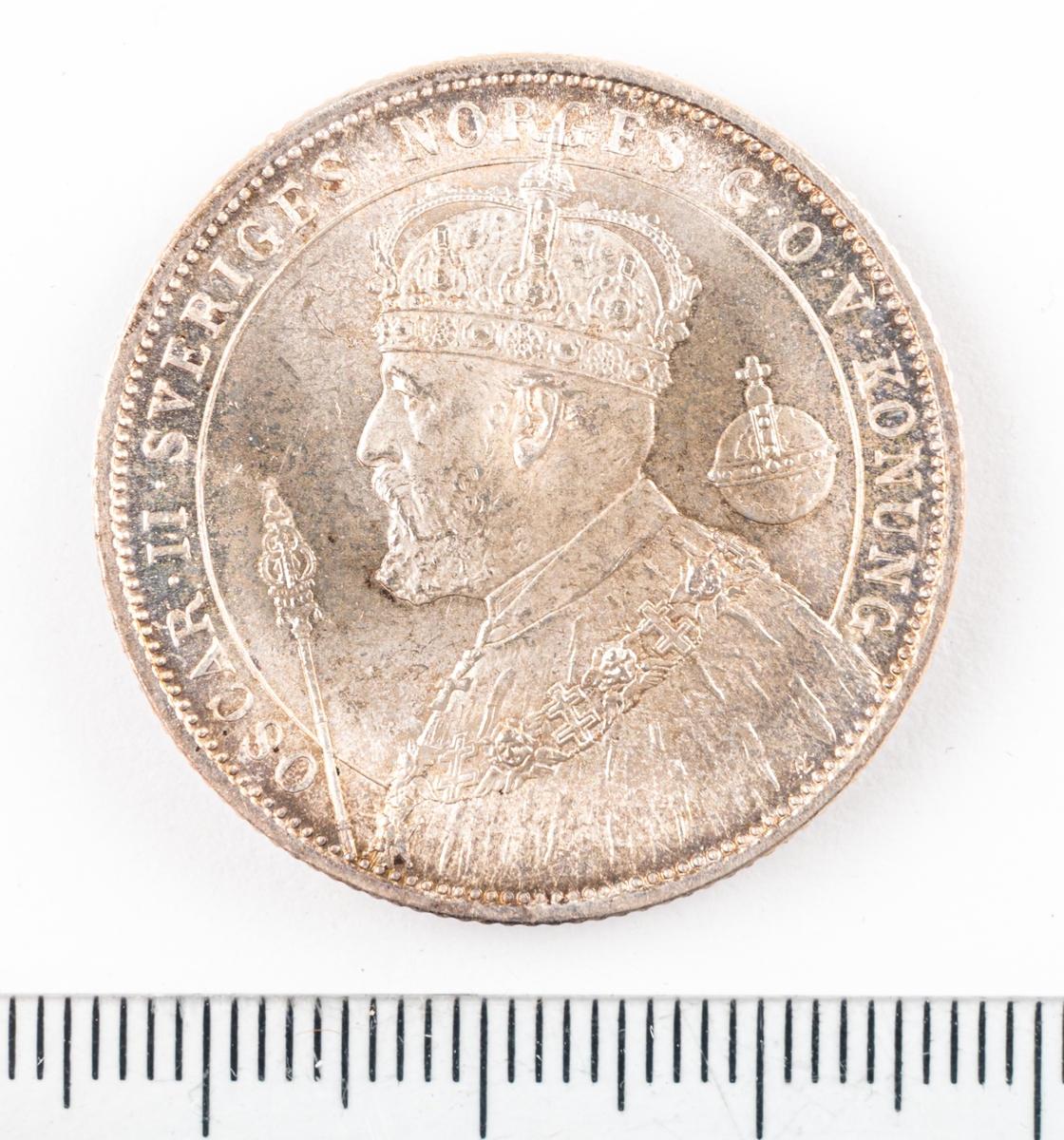 Mynt, Sverige, 2 kronor, 1897.
Jubileumsmynt 1872 - 1897.