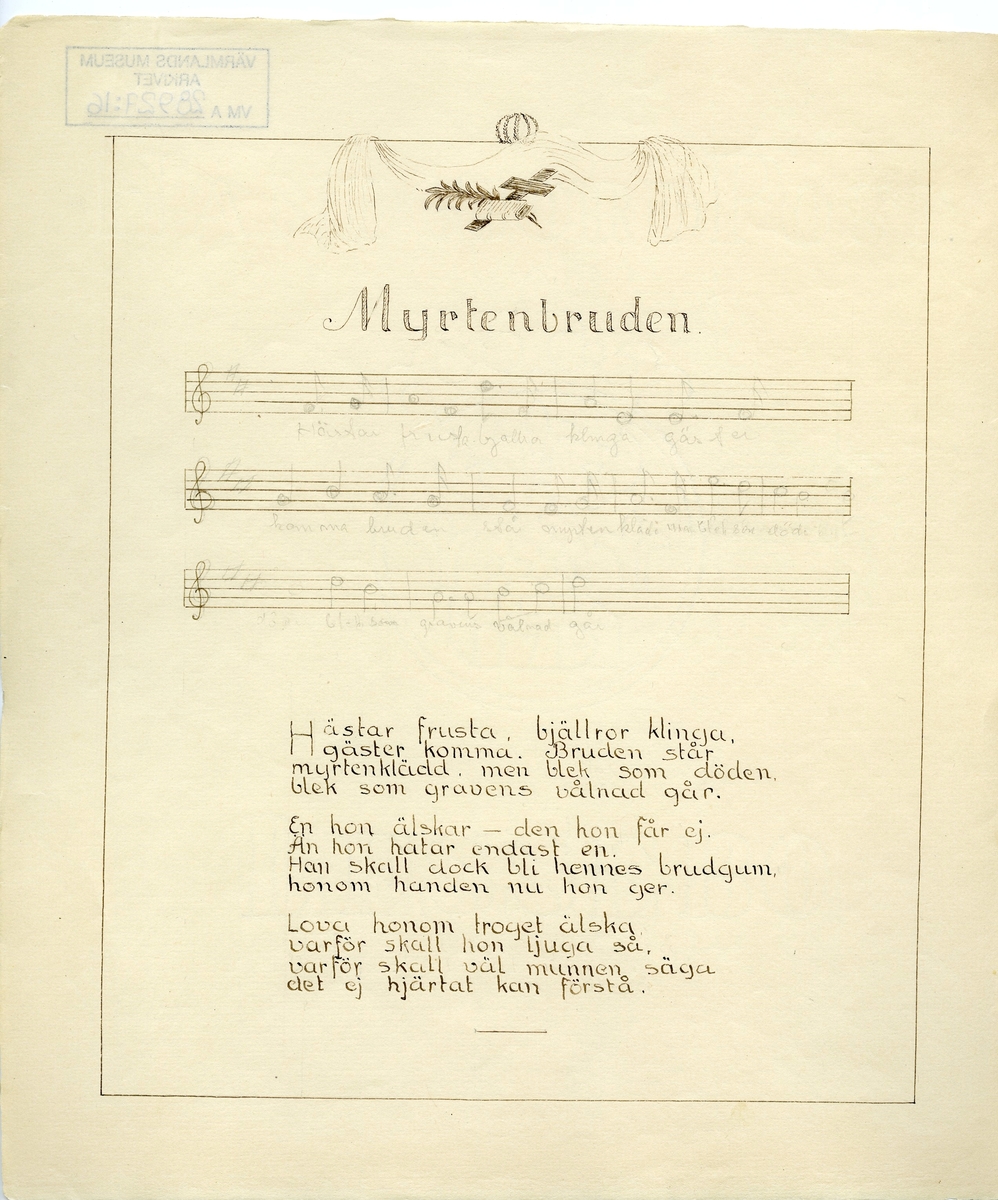 Handskriften är ett utkast som var under arbete av konstnären och konsthantverkaren Berith Bergström. Boken består av en samling visor med musiknoter för melodistämma. Berith Bergström har illustrerat notbladen med bilder och utsmyckade ramar. Man kan se noteringar om ändringar intill en del bilder, liksom noter och text som inte är färdigställda.
Totalt antal ark: 60.