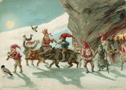 Maleri av nisser i vinterlandskap.