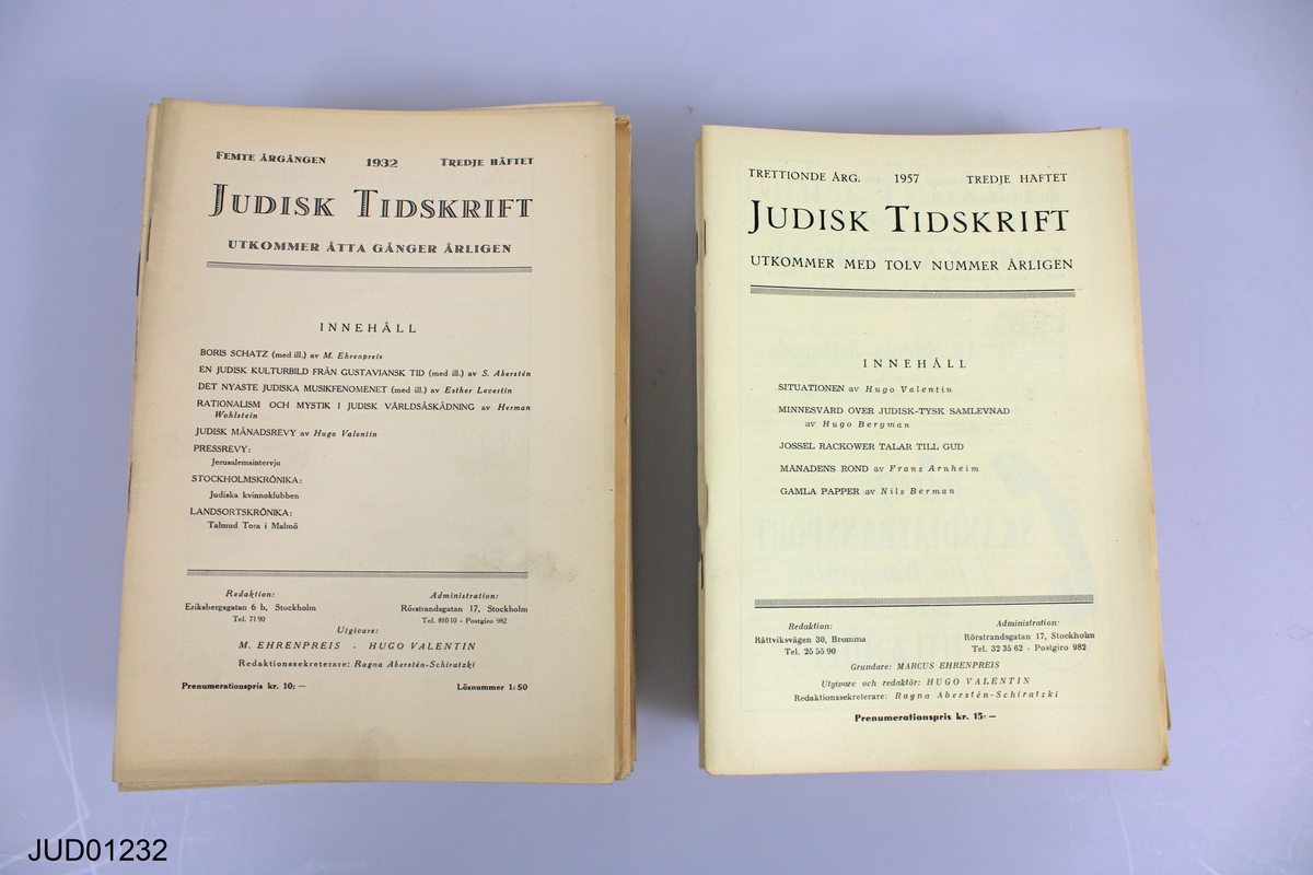 Häftade årgångar av Judisk tidskrift. Årgång 1928 (1-8, kompl.), 1930 (1-8, kompl.), 1931 (1-8, kompl.), 1932 (1-8, kompl.), 1933 (1-10, kompl.), 1934 (1-12, kompl.), 1935 (1-12, kompl.), 1936 (1-12, kompl.), 1937 (9, inkompl.), 1938 (1-12, kompl.), 1939 (1-12, kompl.), 1940 (1-12, kompl.), 1941 (1-12, kompl.), 1942 (1-5, 7-12, inkompl.), 1943 (1-3, inkompl.), 1944 (1-12, kompl.), 1945 (1-12, kompl.), 1946 (1-12, kompl.), 1947 (1-12, kompl.), 1948 (1-12, kompl.), 1949 (1-12, kompl.), 1950 (1-12, kompl.), 1951 (1-12, kompl.), 1952 (1-12, kompl.), 1953 (1-12, kompl.), 1954 (1-12, kompl), 1955 (1-12, kompl.), 1956 (1-12, kompl.), 1957 (1-12, kompl.), 1958 (1-12, kompl.), 1959 (1-12, kompl.), 1960 (1-12, kompl.), 1961 (1-12, kompl.), 1962 (1-2, 5-12, inkompl.), 1963 (1-12, kompl.), 1964 (1-8, ?)