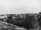 Uppland. Värmdö Skeppslag. Värmdö socken. Gällnö. En kvinna och en man sittande på klippan. Foto av prosten P.L. Quist 1894.