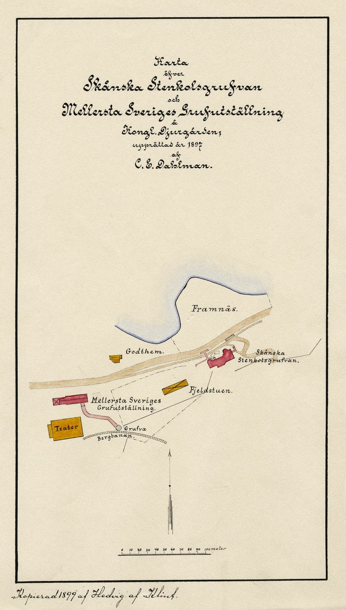 Teckning. "Karta öfver Skånska Stenkolsgruvan och Mellersta Sveriges grufutställning å Kongl Djurgården upprättad år 1897 af C.E. Dahlman. "