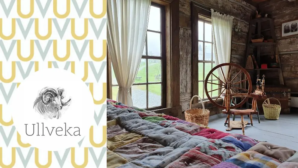 Ullveka logo og inventar med lappeteppe og rokk 