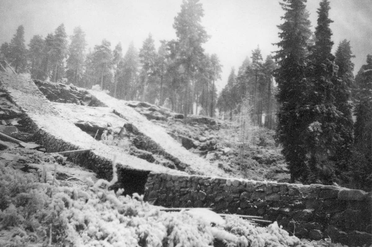 Landskapsbilde fra tåkete eller disig skogslandskap, antakelig tatt seint på høsten eller tidlig på vinteren med et tynt rim- eller snølag på bakken.  Motivet er et par oppmurte baner i det hellende, litt ulendte terrenget. Dette er ovarennet i to hoppbakker. I den fremste av disse banene later det til å være en åpning i muren med bruoverbygning, antakelig en passasje. I albumet dette fotografiet er hentet fra har noen skrevet "Vindheia" ved siden av dette og et tilstøtende bilde. Dette er betegnelsen på et område vest for Glomma ved Elverum, et område der albumets eier for øvrig hadde interesser i en tredestillasjonsfabrikk. 

Hoppbakken i Vindheia var arena for hopprennet under hovedlandsrennet (norgesmesterskapet) på ski i 1920.