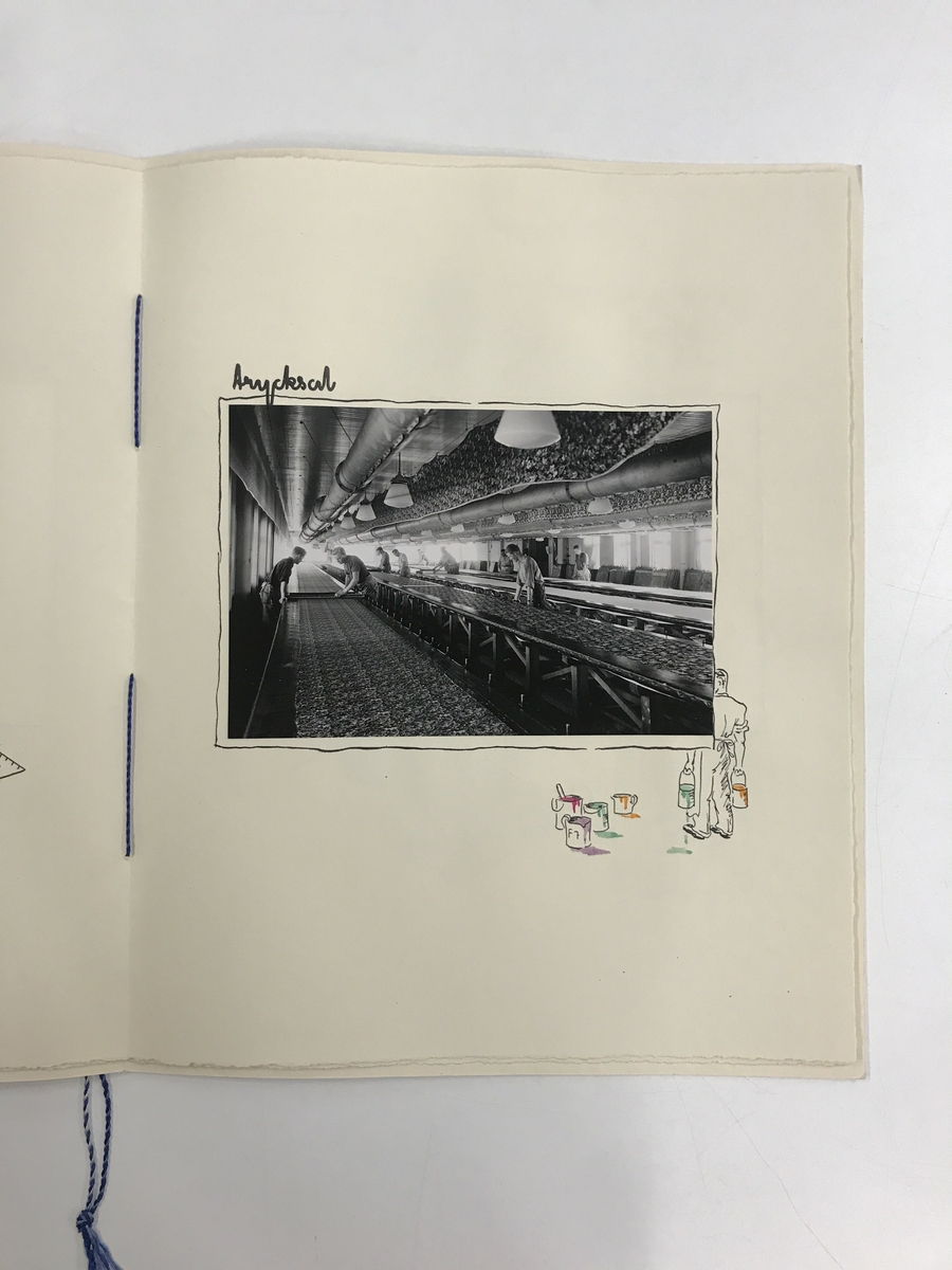 Silfa AB
Plangatan, kv Farkosten

Pärm med fotografier.
Handgjord, handillustrerad med inklistrade fotografier från olika avdelningar och produkter.

Totalt 6 fotografier, 8 sidor + omslag.

Tillverkad 1941, 
signerad (osäkert) u.m-e. -41