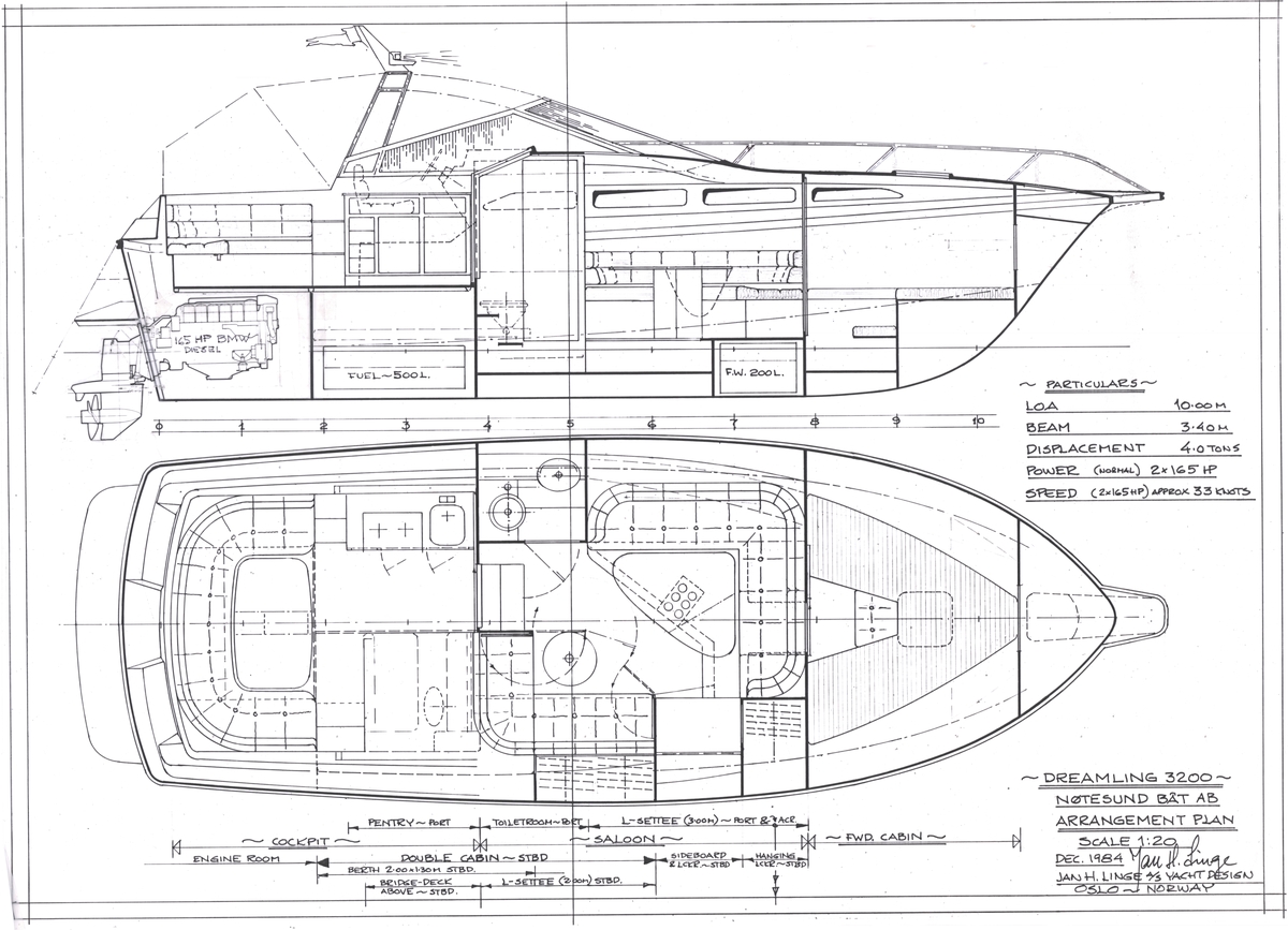 Dreamling 3200. Cabin cruiser. Arrangement Plan. 2 stk. 165 HP, BMW Diesel. 1:20