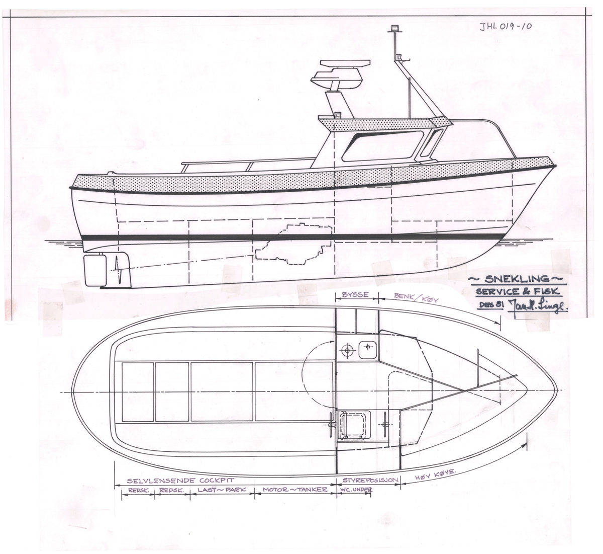 Snekling. Motorbåt. Service & fisk. Inboard 25-65 HK. 58,7 t.­. 1:20