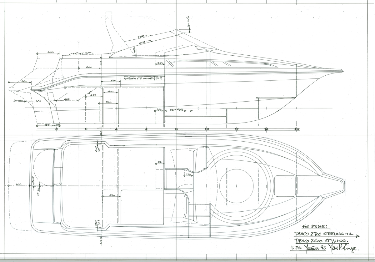 Draco 2400. Cabin cruiser. Forstudie: Draco 2700 til Draco 2400 Styling. 140 til 400 HP. 1:20
