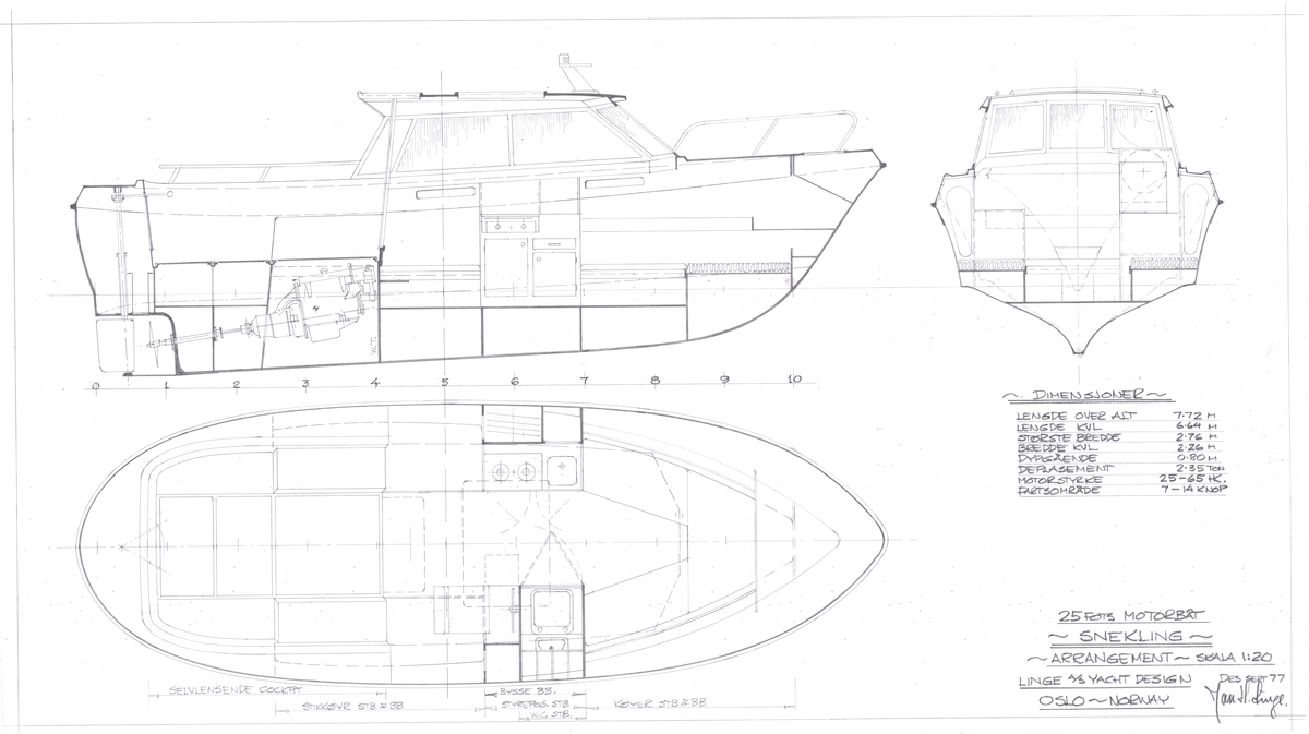 Snekling. Motorbåt. Arrangement. Inboard 25-65 HK. 58,7 t.­. 1:20