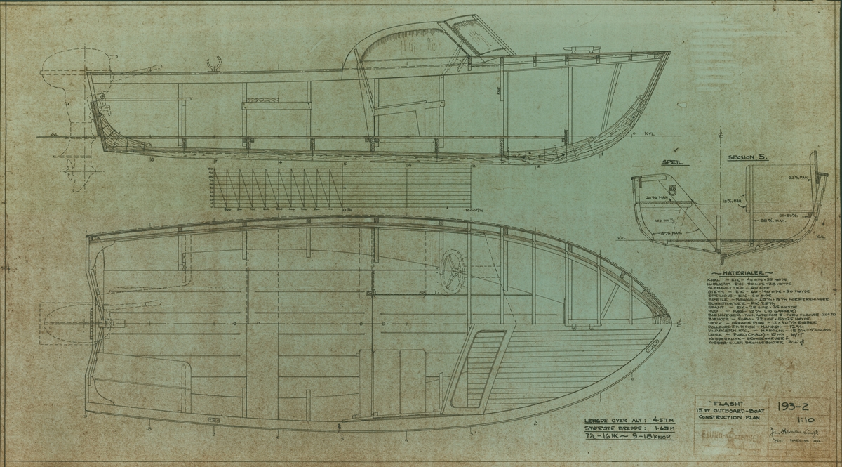 Flash. Passbåt. 15 fot Outboard-boat.Construction Plan. 1:10