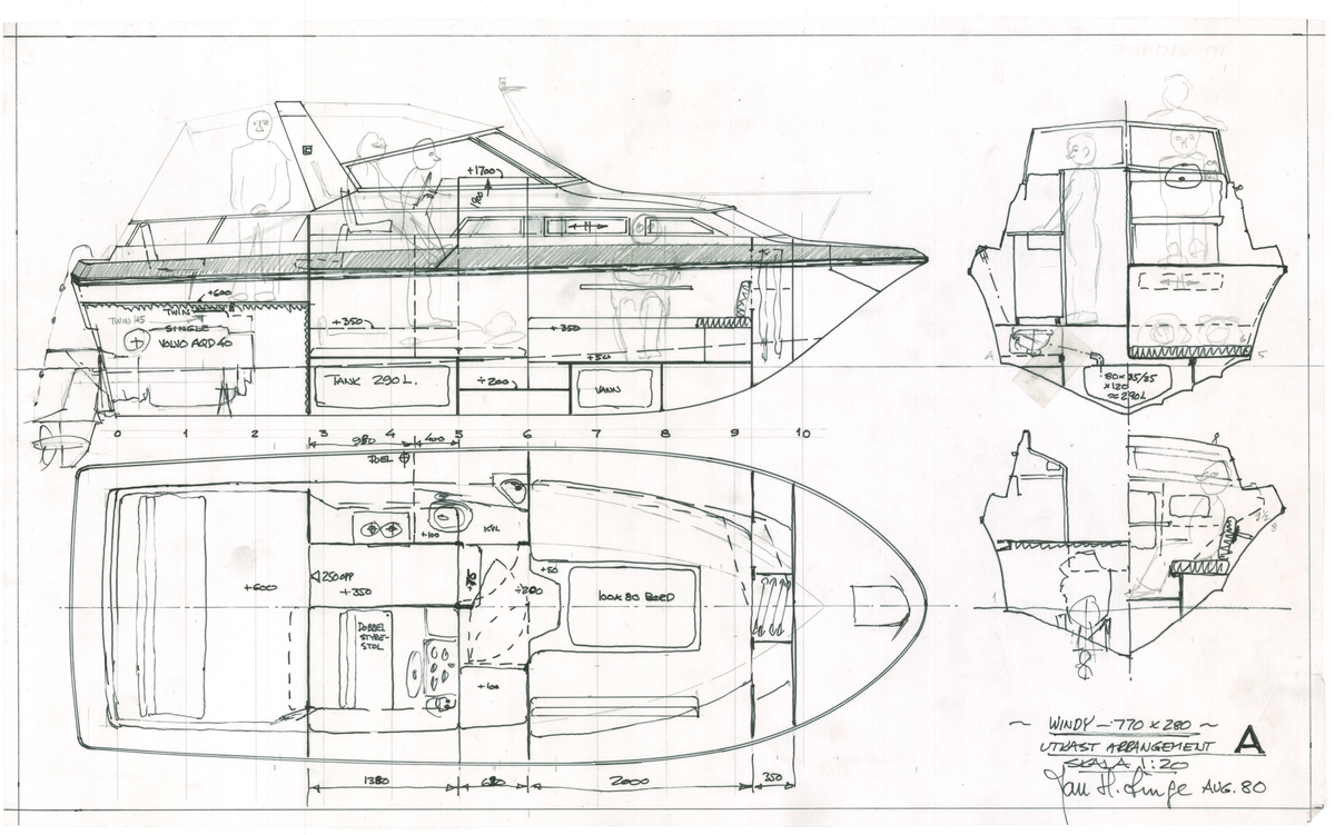 Windy 770. Cabin cruiser. Utkast Arrangement A. Single Volvo AQD40. 0,3 tonn. 1:20