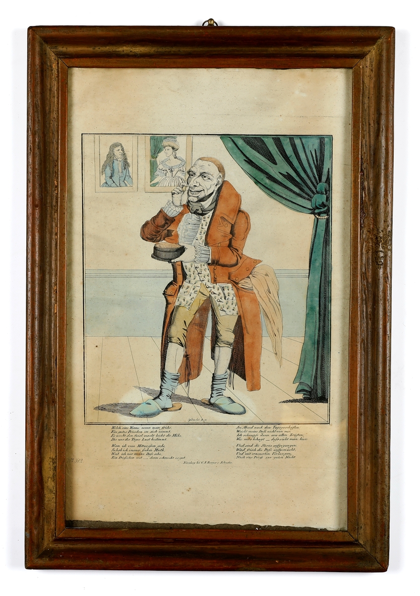 Håndkolorert trykk, innrammet med glass og ramme.