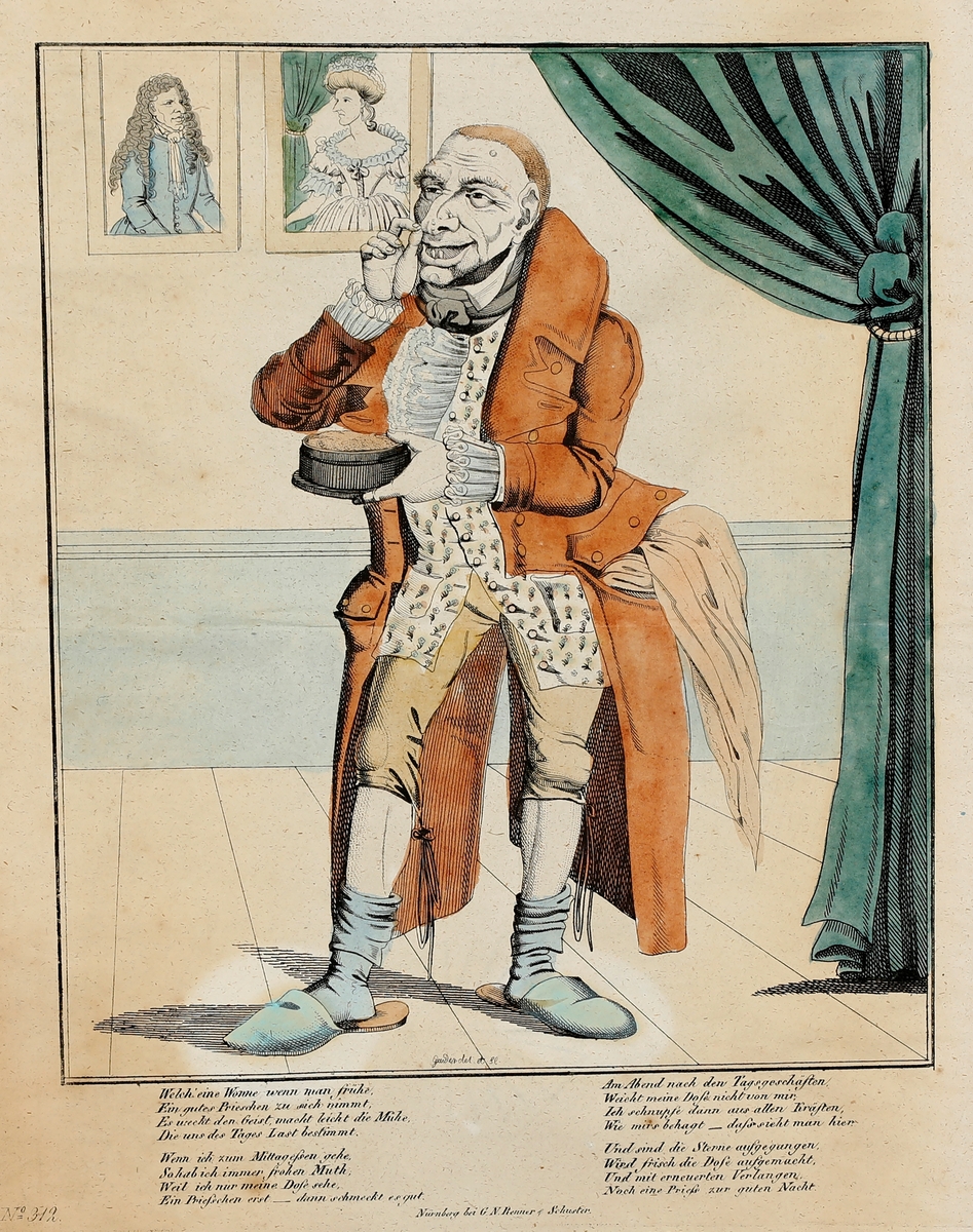 Håndkolorert trykk, innrammet med glass og ramme.