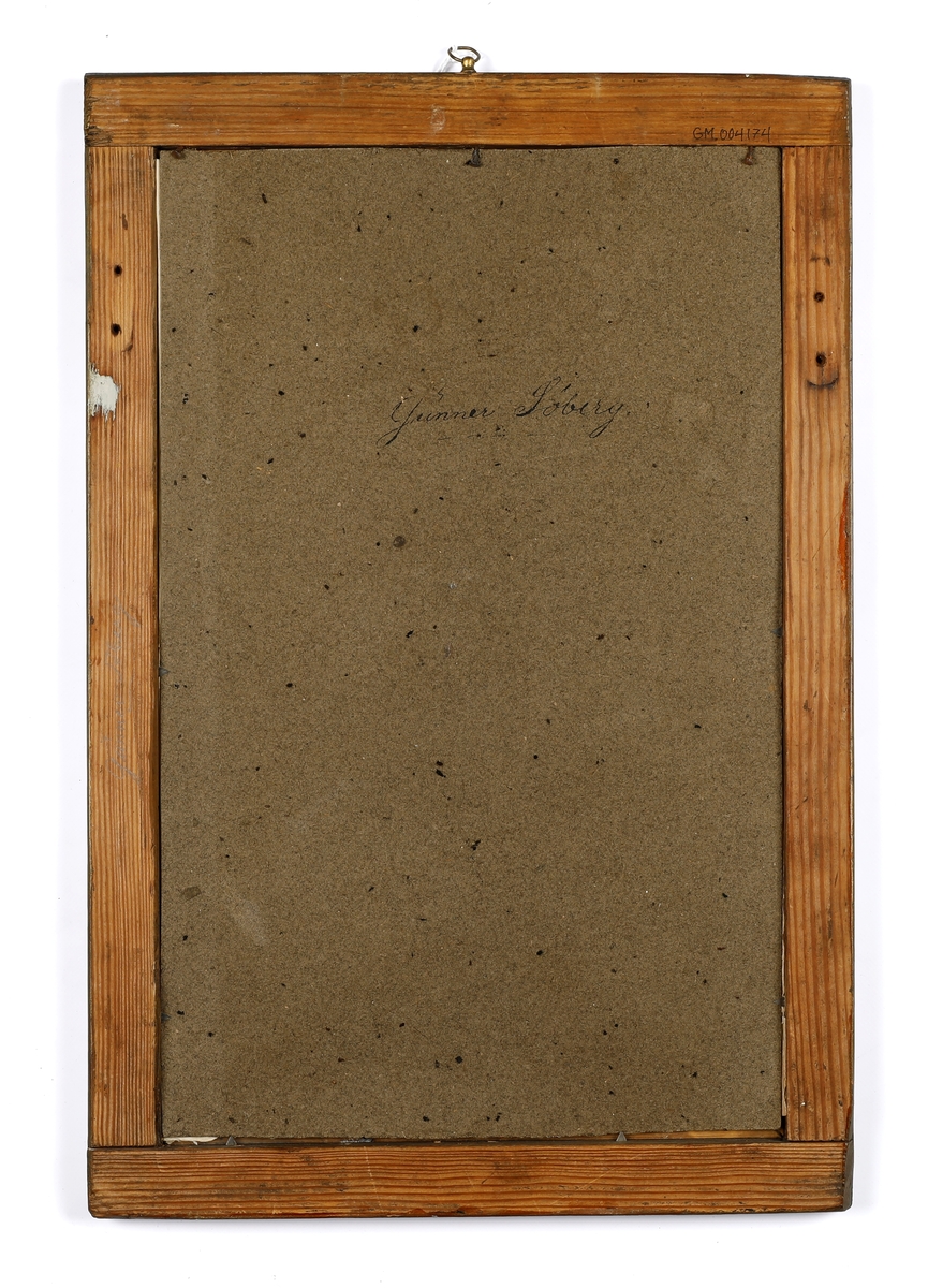 Håndkolorert trykk, innrammet med glass og ramme.