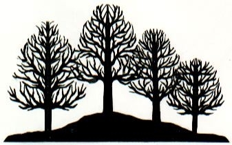 Motivet är klippt ur svart papper och föreställer fyra träd på en liten kulle. Varje träd är klippt var för sig och fastsatta innan kullen monterades.