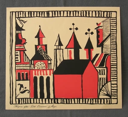 Trycket föreställer en stad, med dess spiror och torn. Motivet kommer från ett träskrin, målat av Lars Larsson, Åbyn.