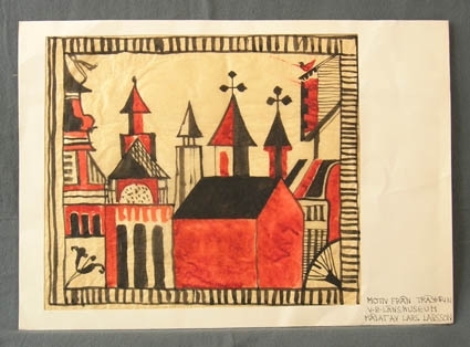 Tryckets motiv kommer från ett målat skrin, målat av Lars Larsson, Åbyn. Motivet är en vy över en stad med spiror och torn.