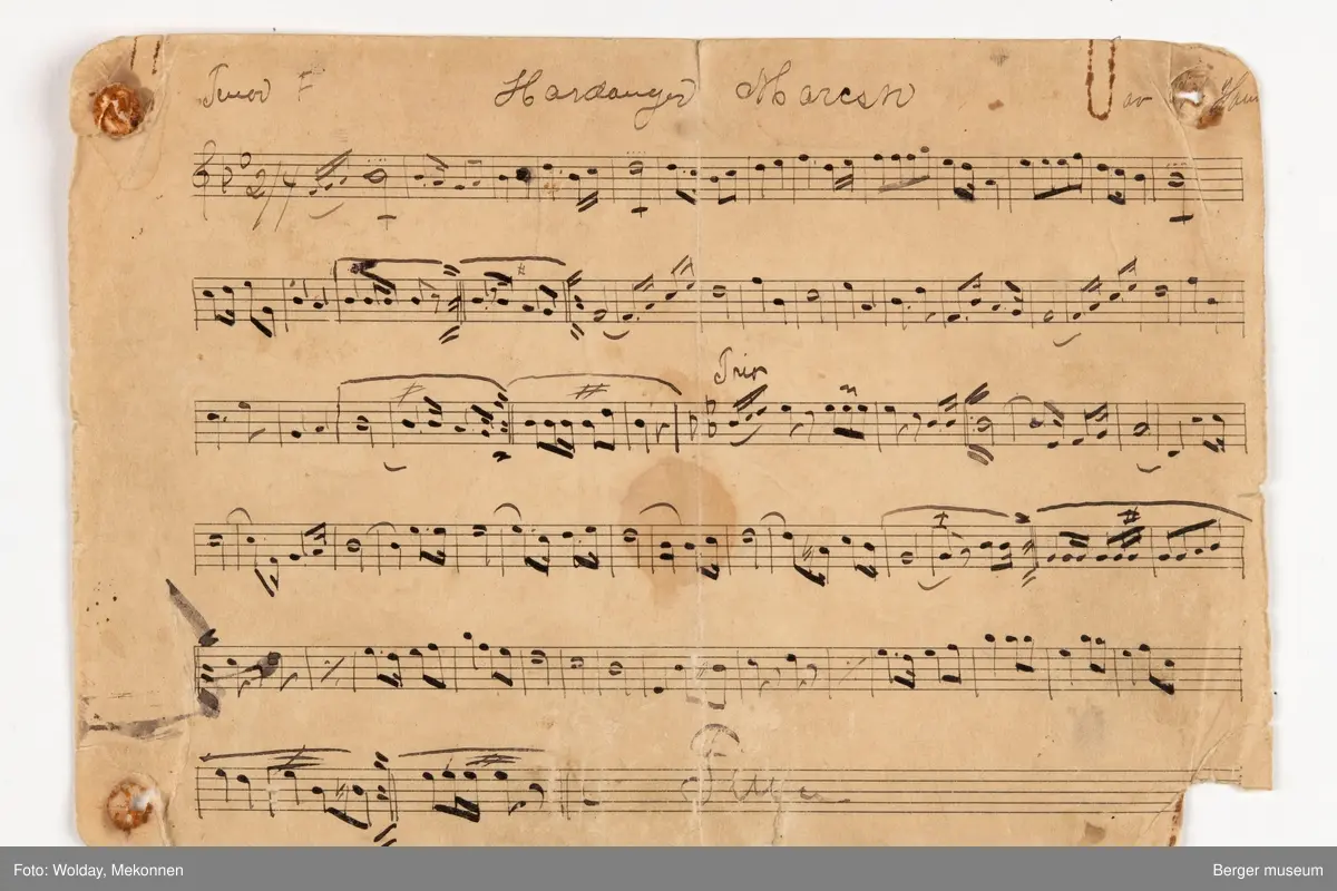 Håndskrevne noteark til "Hardanger marsj ". Det er seks noteark i med noter til forskjellige instrumenter. Arkene er trykt med notelinjer, mens notene er håndskrevne.
