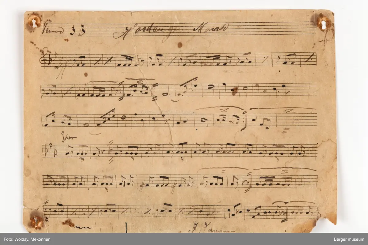 Håndskrevne noteark til "Hardanger marsj ". Det er seks noteark i med noter til forskjellige instrumenter. Arkene er trykt med notelinjer, mens notene er håndskrevne.