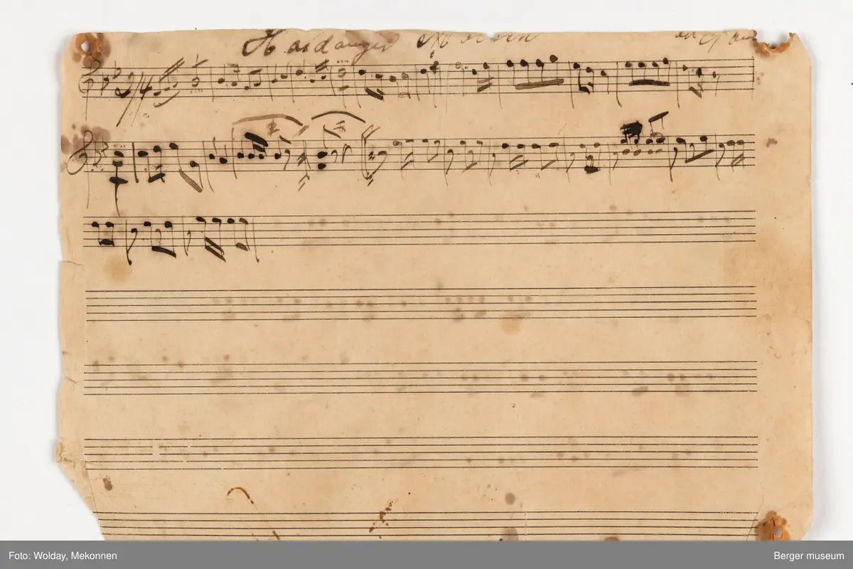 Håndskrevne noteark til "Hardanger marsj ". Det er seks noteark i med noter til forskjellige instrumenter. Arkene er trykt med notelinjer, mens notene er håndskrevne.