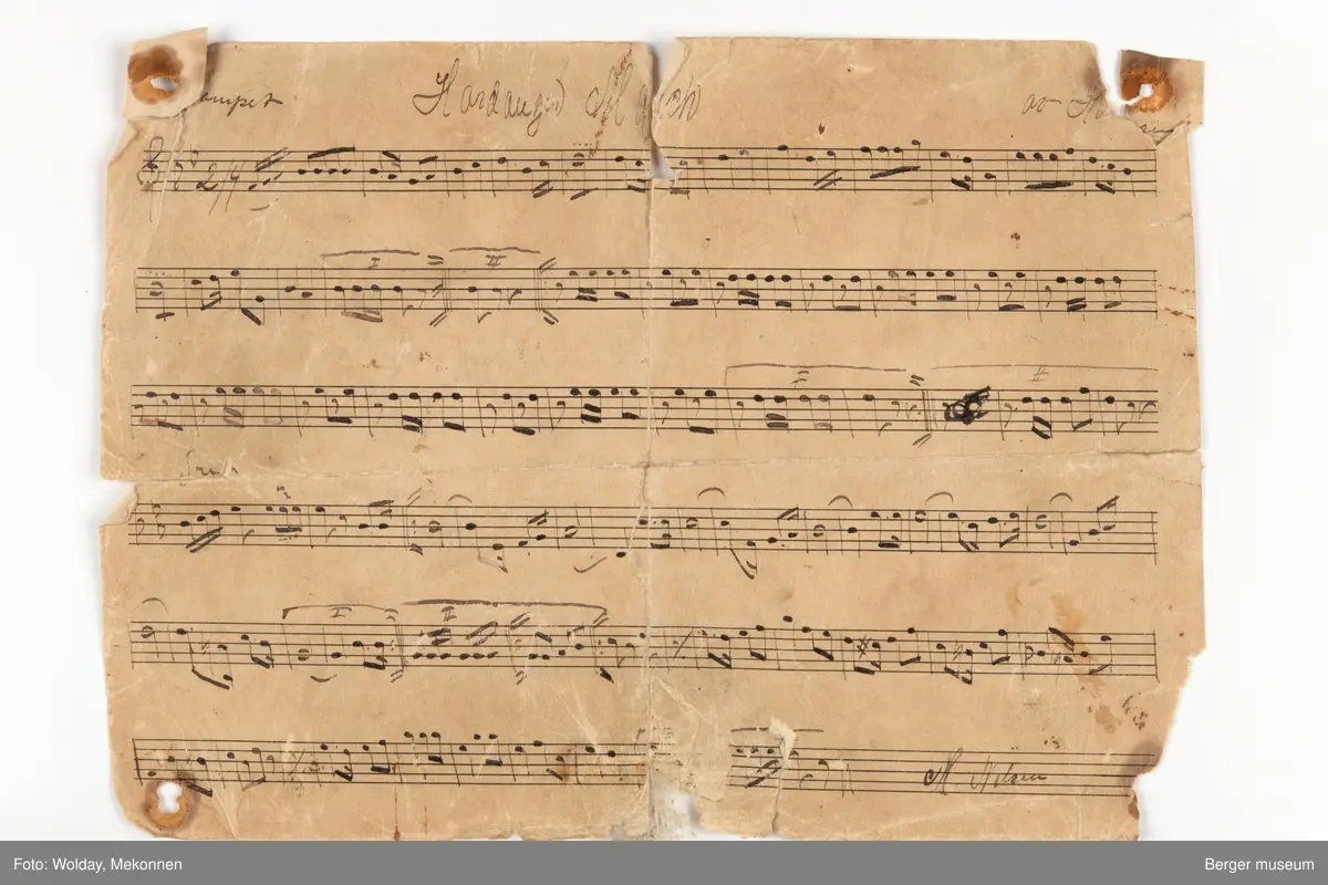Håndskrevne noteark til "Hardanger marsj ". Det er seks noteark i med noter til forskjellige instrumenter. Arkene er trykt med notelinjer, mens notene er håndskrevne.